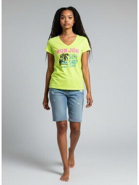 Blue 84 Ron Jon Sz L Surf Shop Yellow V-Neck T-Shirt Palm Tree 100% Cotton